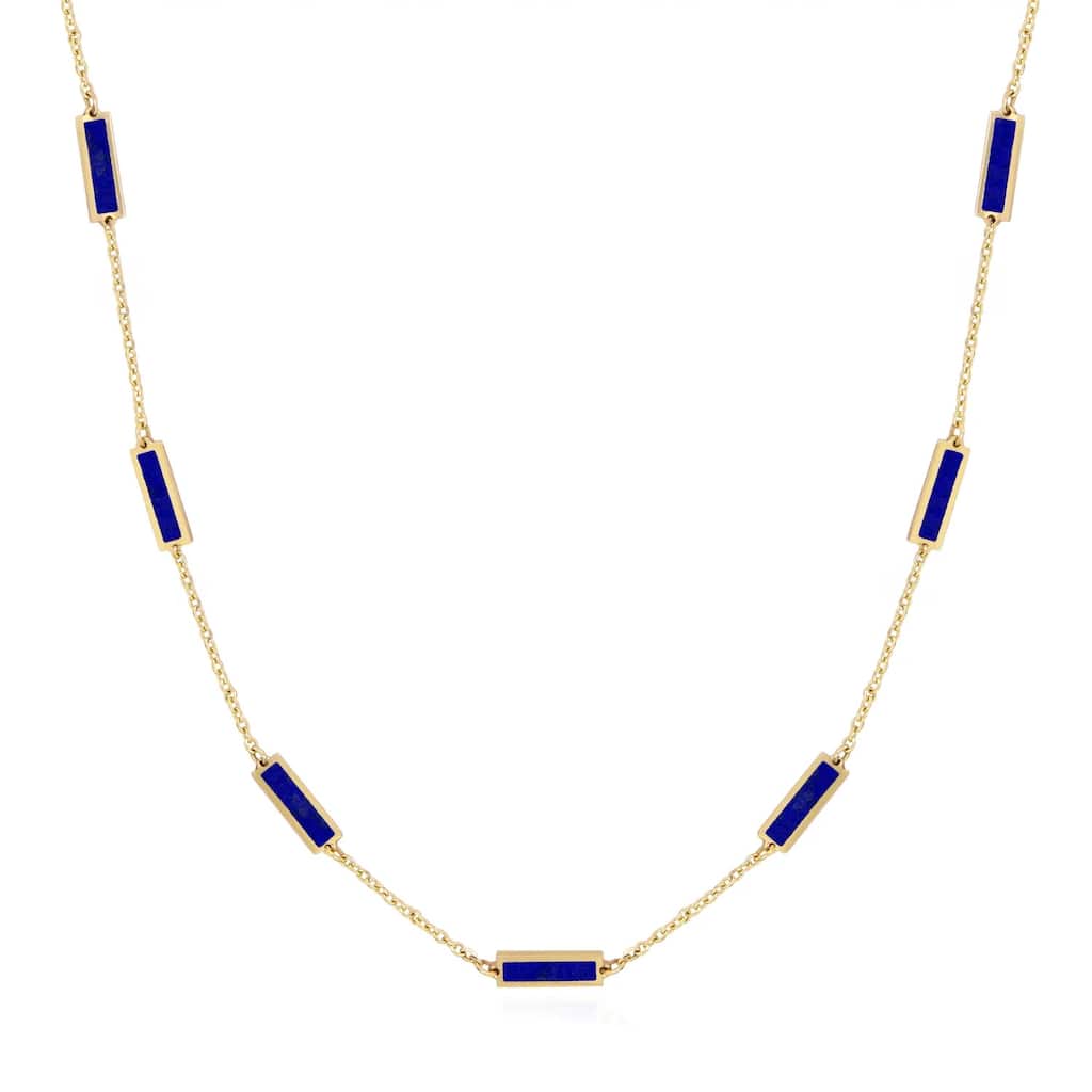 Curata 14k Yellow Gold Italian 18" Inlaid Genuine Gemstone 10X2mm Bar Station Necklace