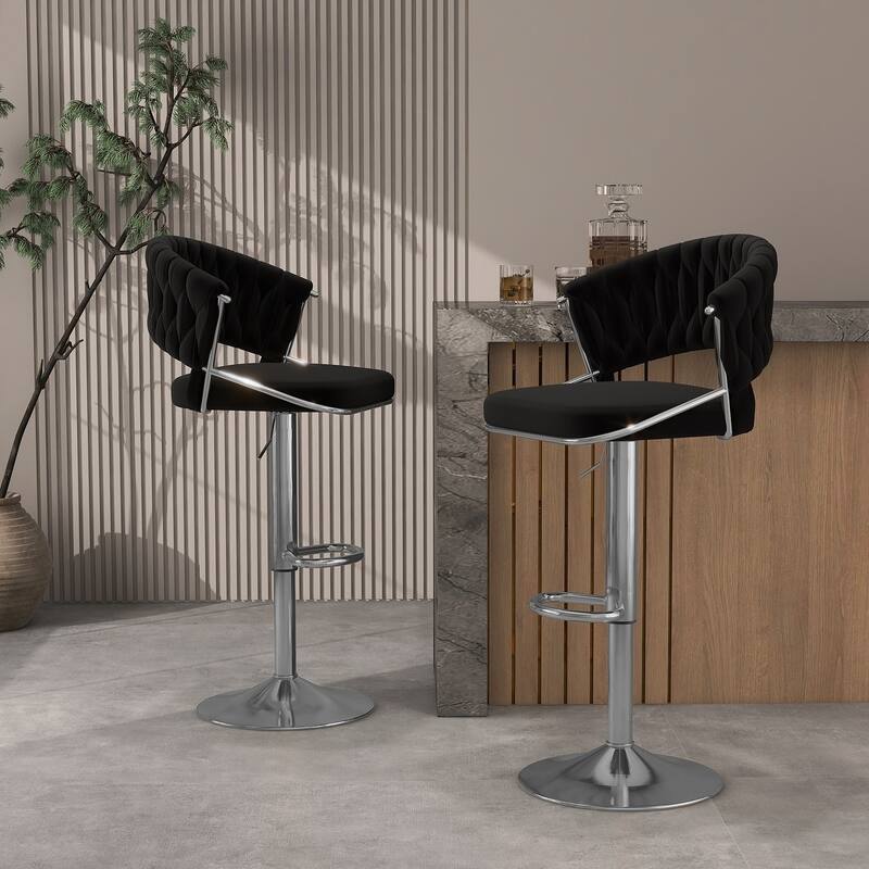 2/4 Set Velvet Adjustable Counter Stools Swivel Bar Stools With Backs - 24"-33" - Set of 2 - Black-Sliver