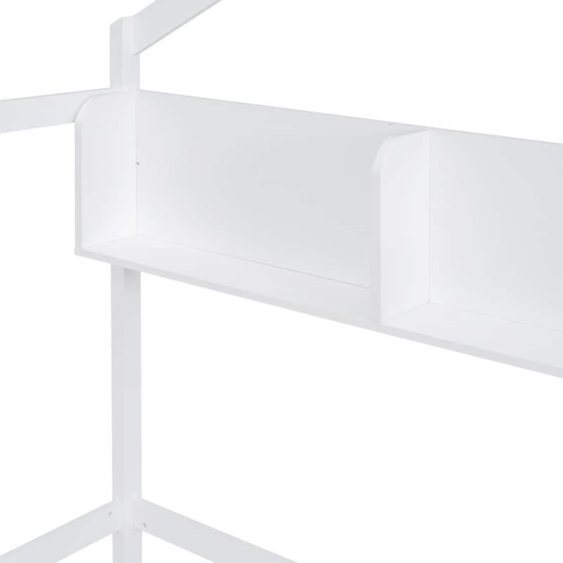 Wooden House Bed with Storage Shelf，Fence and Roof