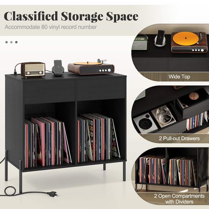 Modern Record Stand with USB Charging Station and 2 Drawer Storage Vinyl Album Organizer Shelf - 31.5" x 16" x 30.5"