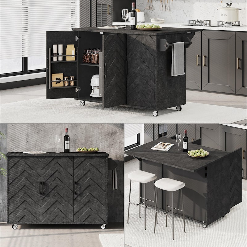 51.2"W 3D Wave Stripes Kitchen Island with Storage, Drop Leaf, Farmhouse Kitchen Island on Wheels Rolling Kitchen Cart