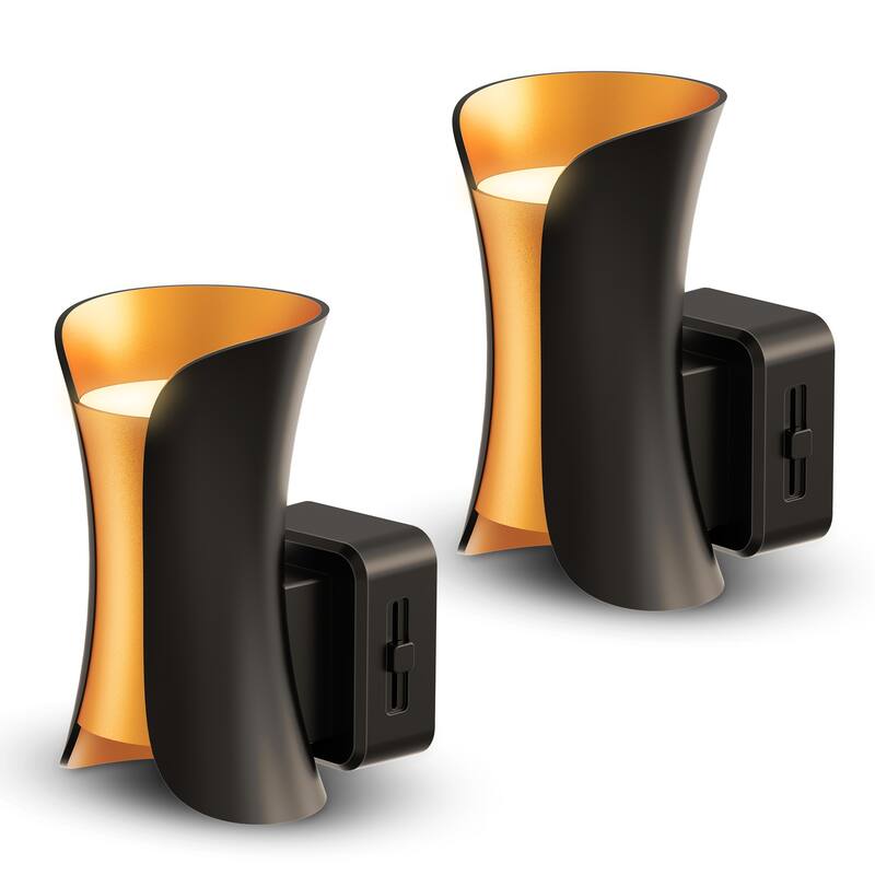 YANSUN Set of 2 Plug in Night Lights Dusk to Dawn Sensor Slim Wall Sconce Black Champagne Gold Warm Dimmable Auto Lighting