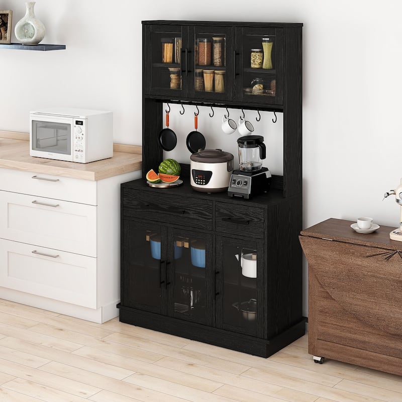Moasis 71" Tall Pantry Storage Cabinet with Power Strip, Hooks, 2 Drawers, Microwave Stand, Kitchen Organizer - Black