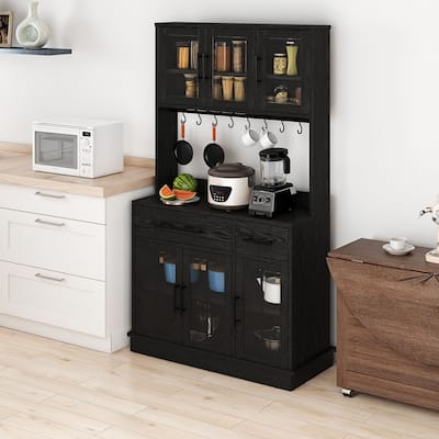 Moasis 71" Tall Pantry Storage Cabinet with Power Strip, Hooks, 2 Drawers, Microwave Stand, Kitchen Organizer