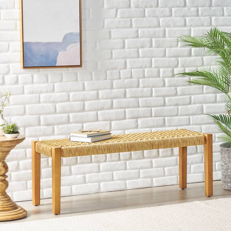 Acacia Wood Backless Bench with Faux Rattan Seat
