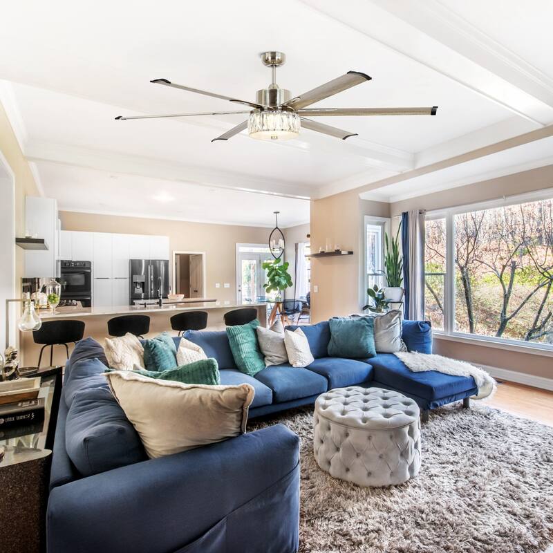 Brushed Nickel Metal 65" Crystal Ceiling Fan with Light and Remote