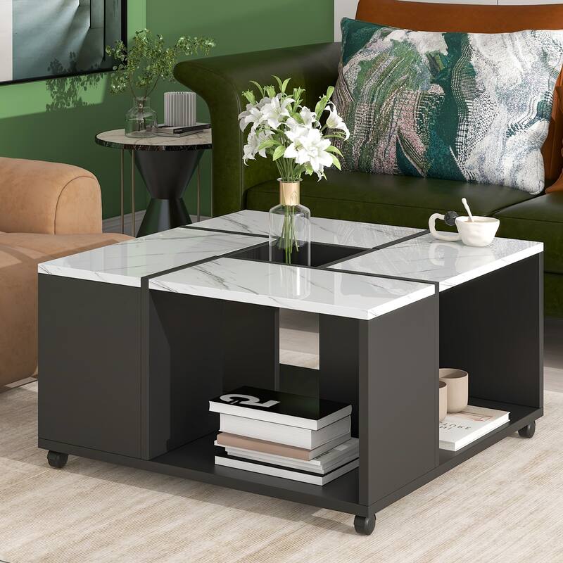 Modern 2Layer Coffee Table with Casters, Square Cocktail Table with