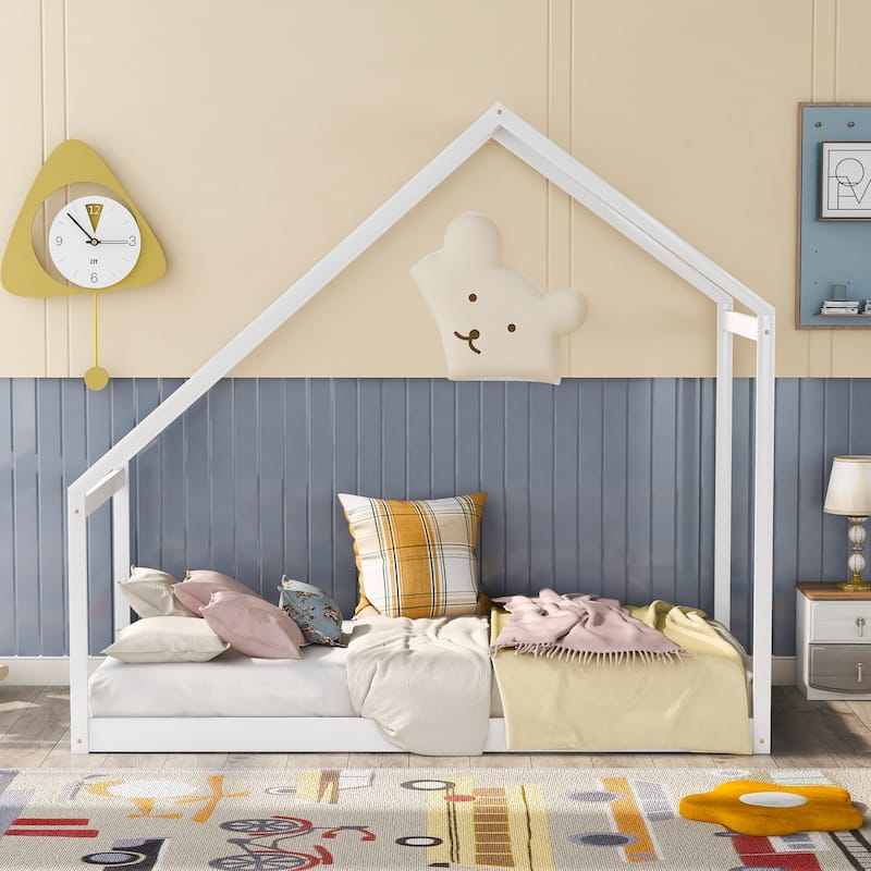 Solid Wood House Bed with Roof - Twin - White