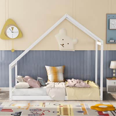 Twin Size Solid Wood House Bed with Roof for Kids
