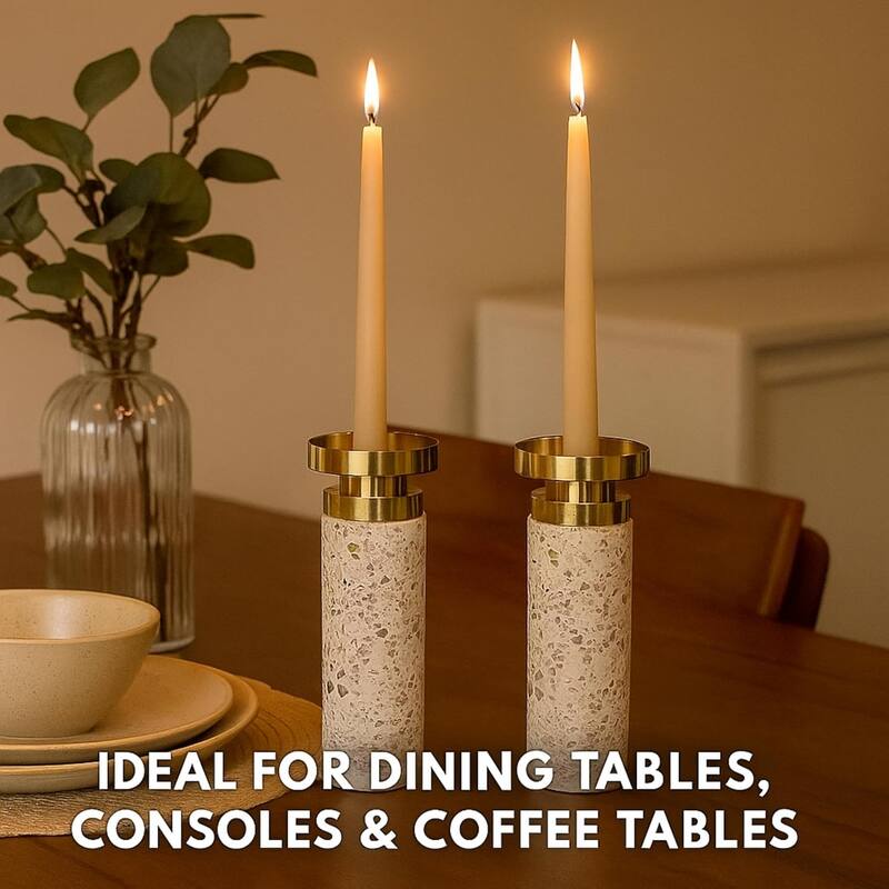 Pink Tall Cement Candlestick Set of Two with Gold Trim and Splattering