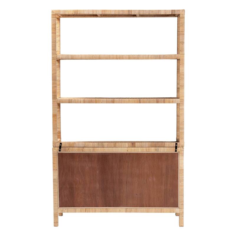 Mortis Natural Rattan Open-Shelf Storage Cabinet - 4-Tier Display Shelf with Double Door Base, Coastal Boho Wicker Bookcase