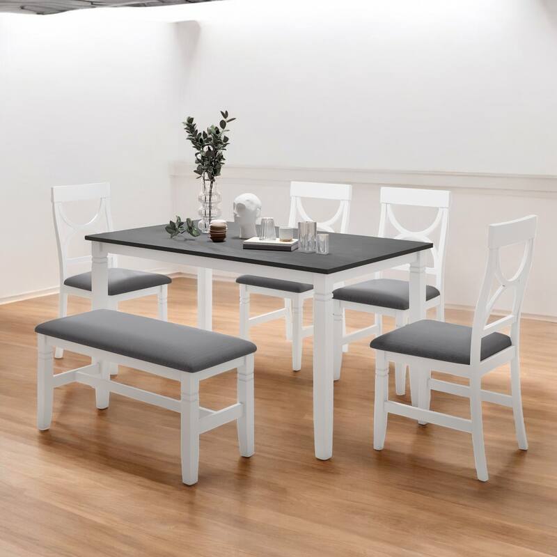 6-Piece Solid Wood Farmhouse Dining Table Set with 4 Chairs and Upholstered Bench, Stylish Rustic Dining Room Set - Gray+White