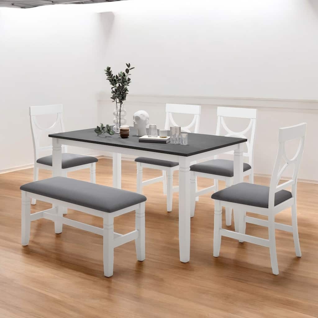 6-Piece Solid Wood Farmhouse Dining Table Set with 4 Chairs and Upholstered Bench, Stylish Rustic Dining Room Set