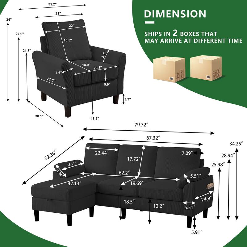 3 Pieces Corduroy Living Room Set with Sectional Sofa, Ottoman and Chair
