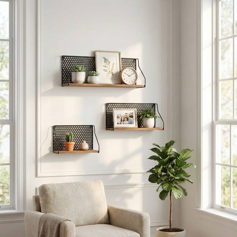 Metal Wood Rectangular Wall Shelf Set - Brown, 16/20/24" - 24.0"