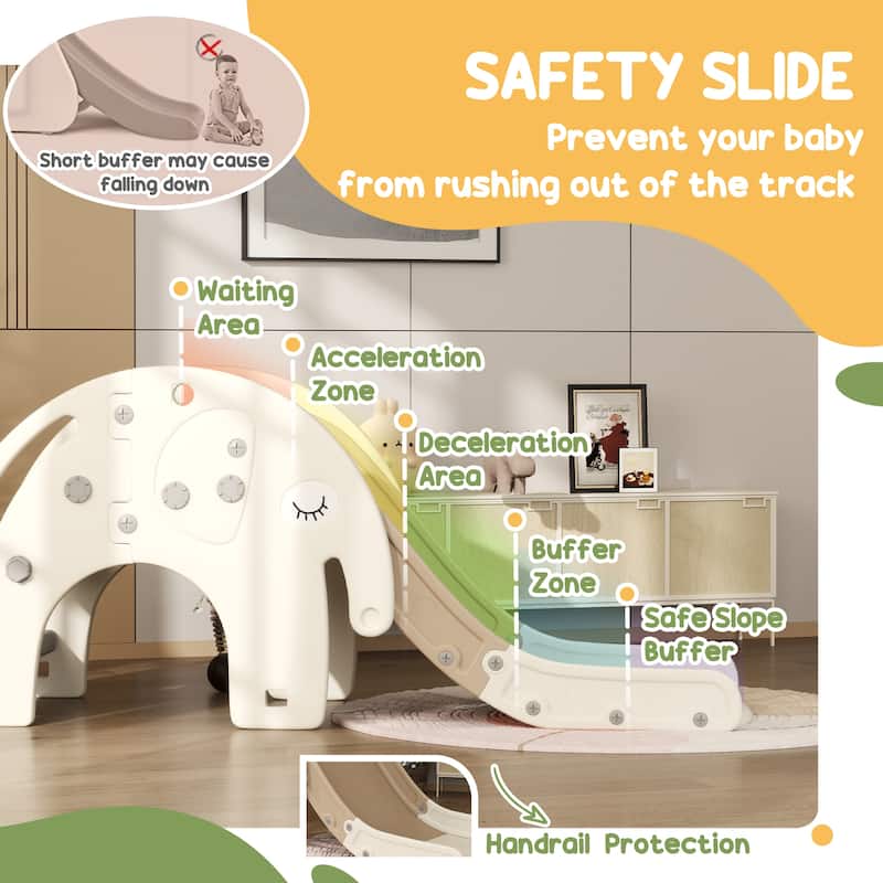 3 in 1 Toddler Slide for Years 1-3, Kids Slide with Climber, Basketball Hoop, Elephant-Shaped Indoor Slide, Cream White