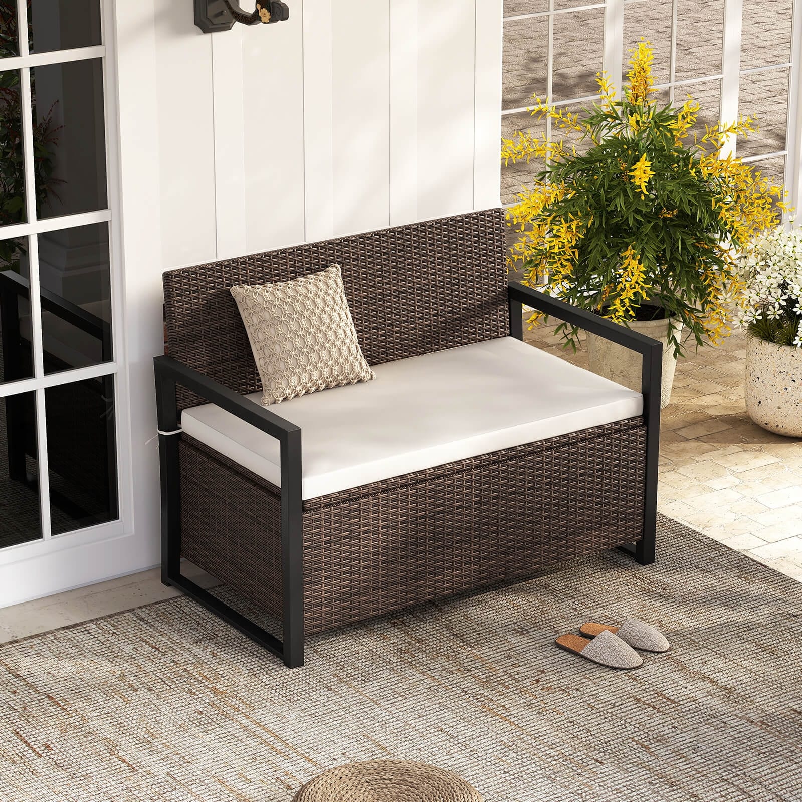 Costway Patio Storage Bench Wicker Loveseat with Built-in Storage & - See Details