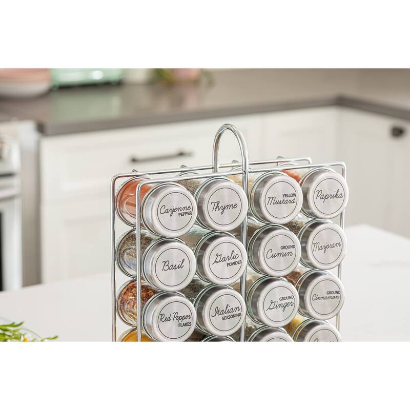 20 Jar Spice Rack Stainless Steel Filled with Spices - Standing Rack Shelf Holder & Countertop Spice Rack Tower Organizer