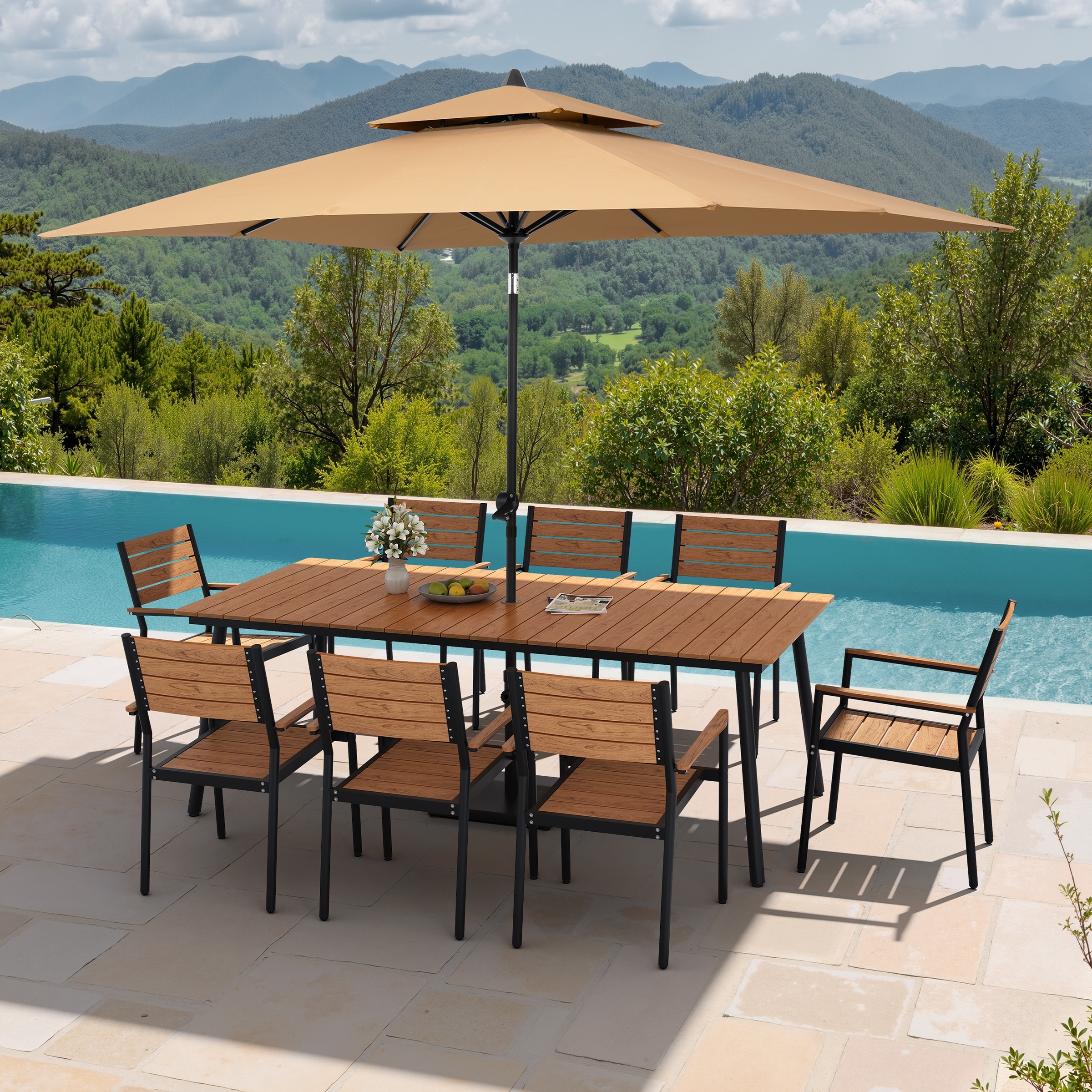 11PC Outdoor Patio Dining Set Aluminum Table with Stackable Armchairs w/ Market Umbrella Set