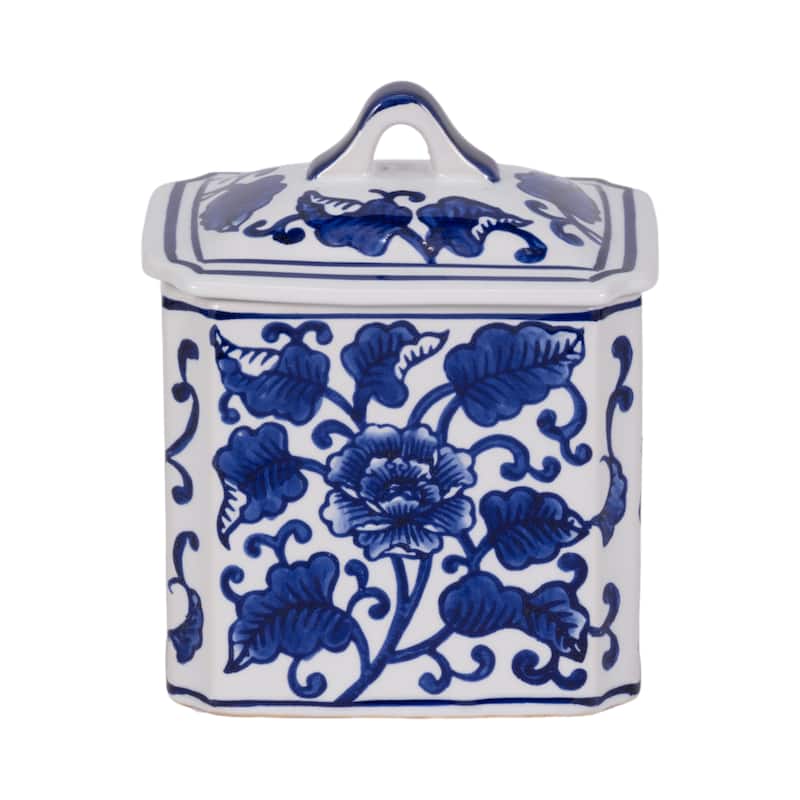 Sagebrook Home Ceramic Candle - 6" Blue/White Chinoiserie with Lid, 13 oz - 5" x 4" x 6" - Chinoiserie Blue/white - 5" x 4" x 6"