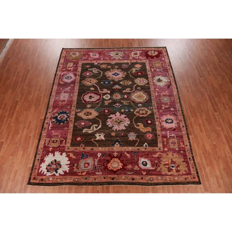 Hand Knotted Oriental 100% Wool Carpet Transitional All-Over Brown Oushak Area Rug - 11' 9'' X 9' 5''