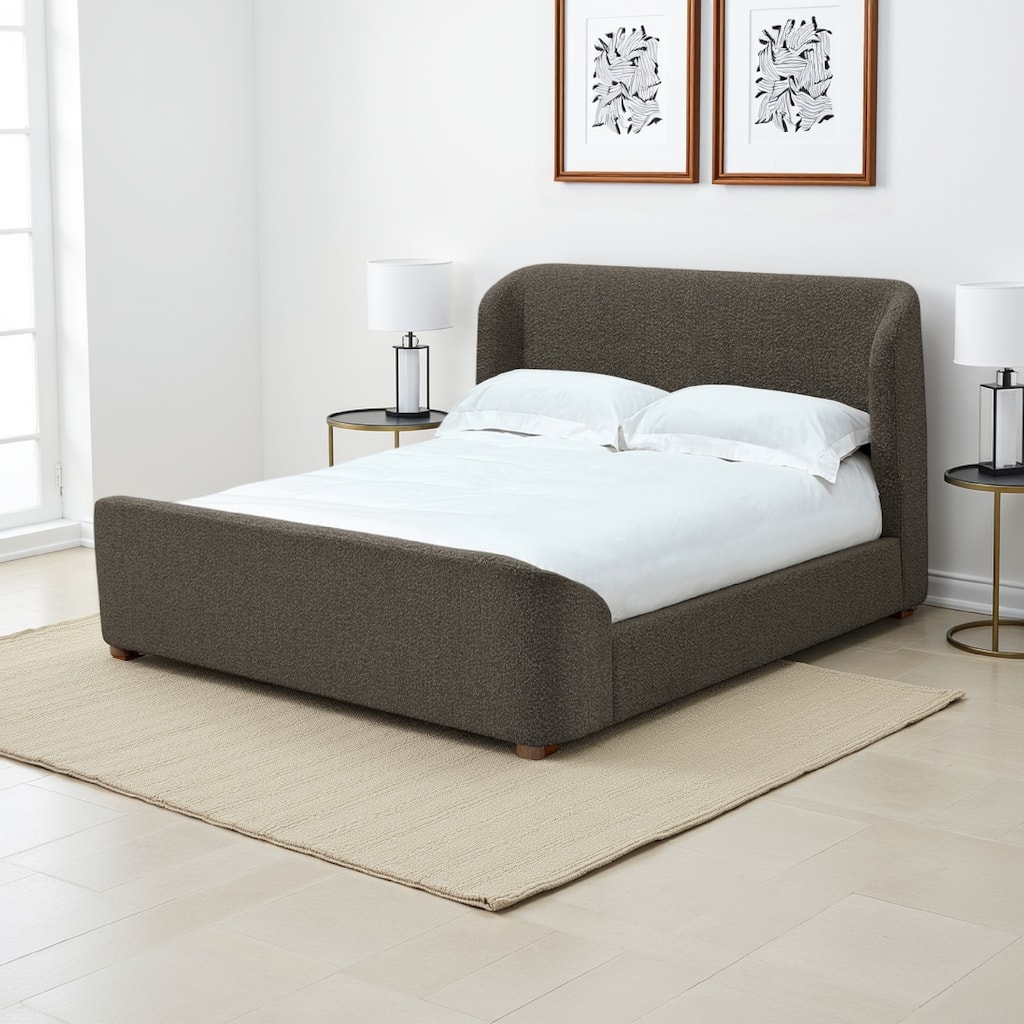 Keni Full Size Platform Bed, Soft Brown Boucle Upholstery, Curved Design