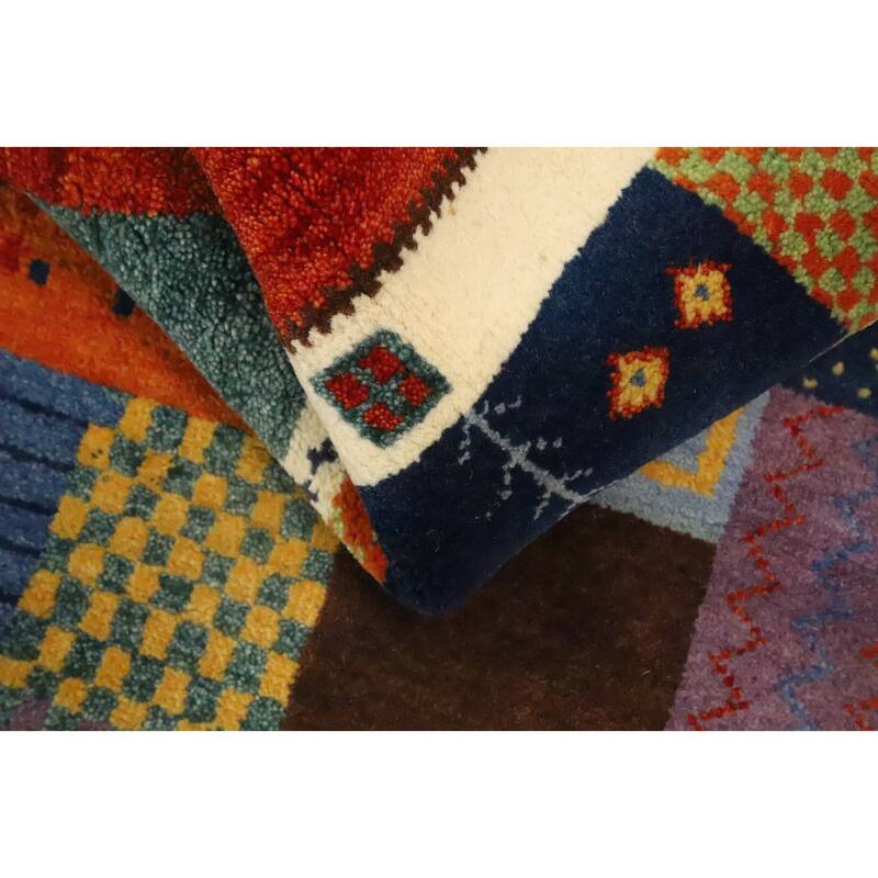 Hand Knotted Oriental 100% Wool Carpet Modern Geometric Multi-Colored Gabbeh Area Rug - 5' 1'' X 3' 0''