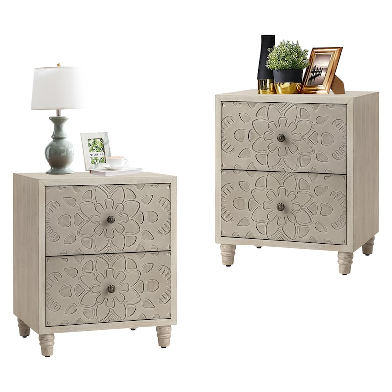 SUNBURY Vintage Solid Wood Nightstand with Drawer - 2PC-Lotus - 2-drawer