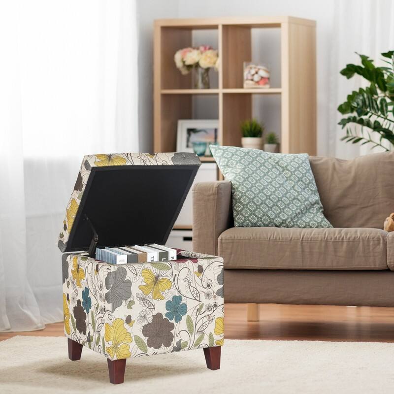 Adeco Floral Printed Linen Cube Storage Ottoman Footrest Footstool