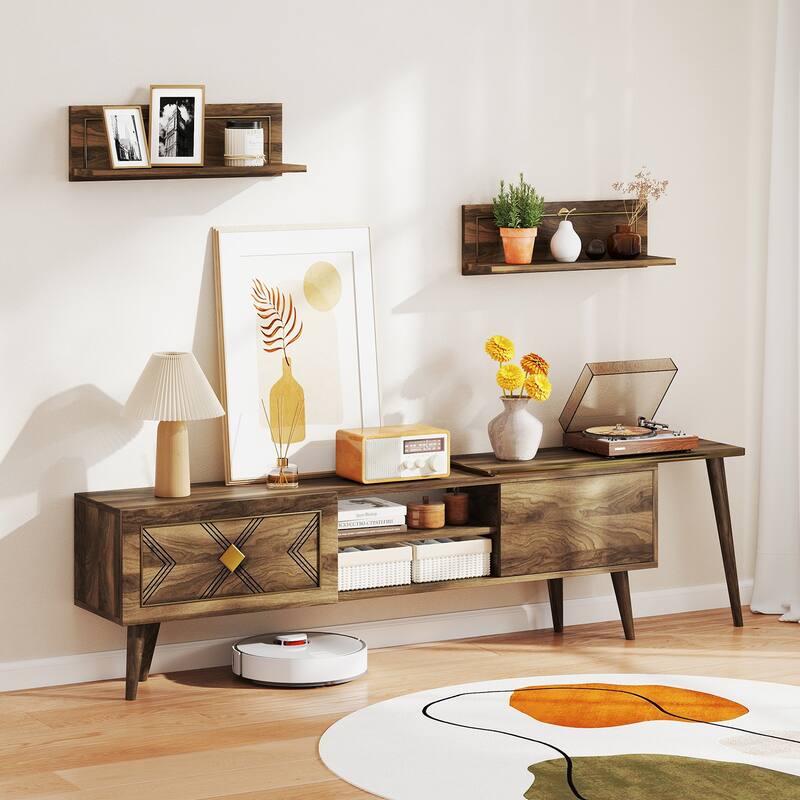 Walnut Engineered Wood TV Stand for 85" TVs with Storage and Floating Shelves - 75" L x 12.5" W x 20" H