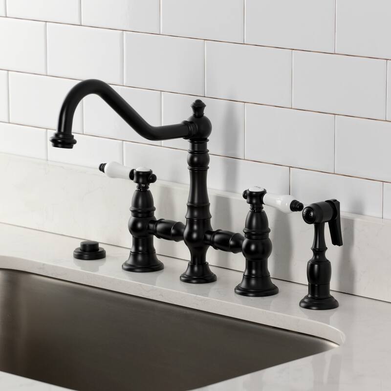 Kingston Brass Bel-Air Two-Handle 4-Hole Deck Mount Bridge Kitchen Faucet with Brass Side Sprayer