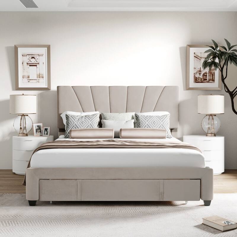 Storage Bed Velvet Upholstered Platform Bed with a Big Drawer