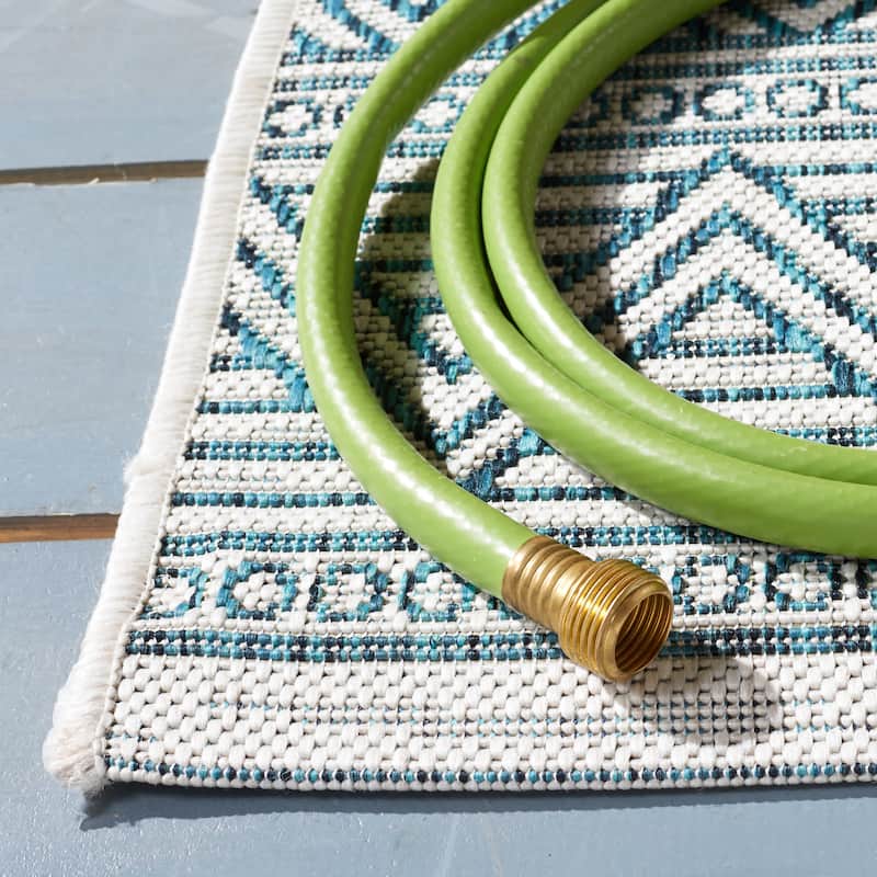 SAFAVIEH Courtyard Rozenn Indoor/ Outdoor Waterproof Patio Backyard Rug - 6'7" Square - Ivory/Turquoise