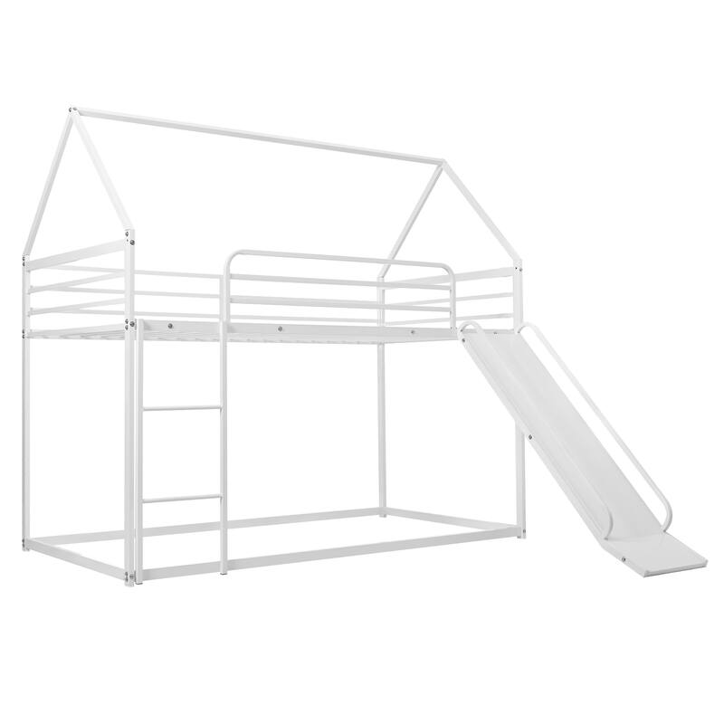 Metal Twin Over Twin Bunk Bed with Ladder and Slider, Sturdy and Safe Design