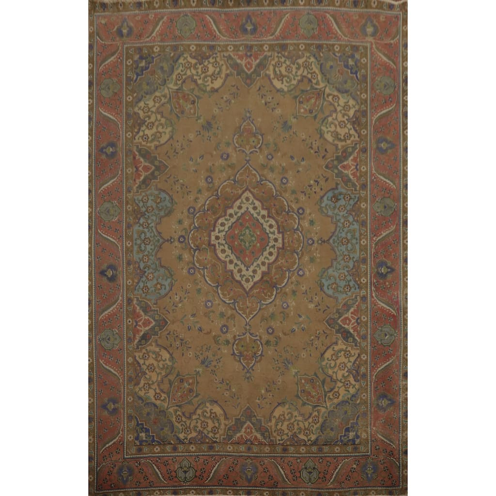 Hand Knotted Oriental 100% Wool Carpet Traditional Floral Brown Tabriz Area Rug - 12' 6'' X 9' 11''