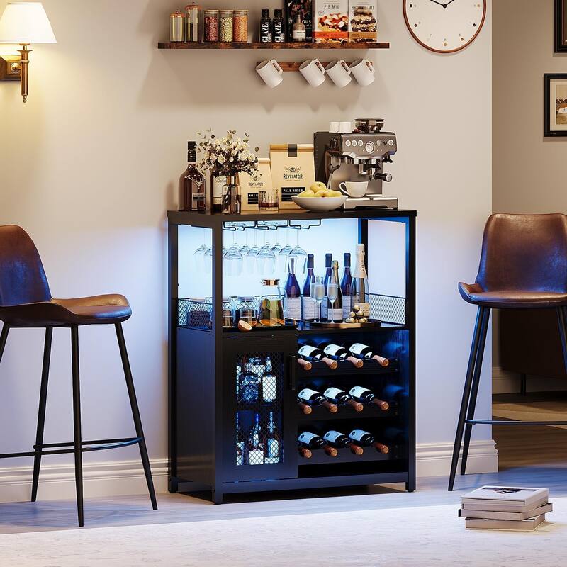 3-Tier Wine Bar Cabinet with LED Lights, Detachable Wine Rack and Storage Space, Small Liquor Bar Cabinet
