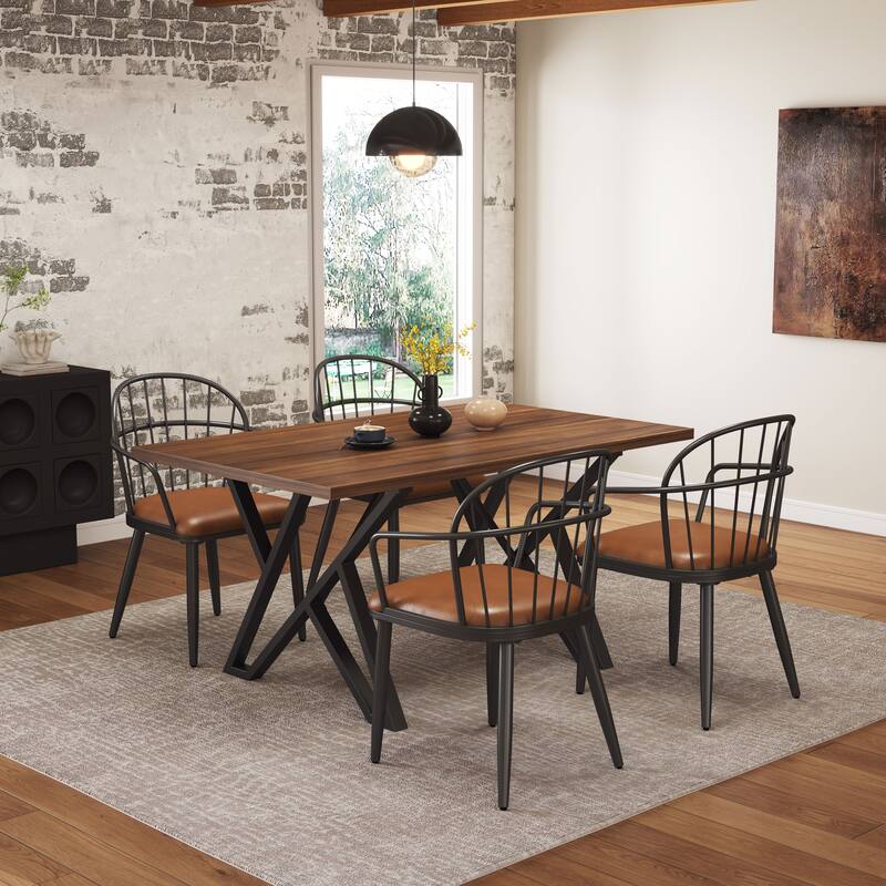 Industrial Dining Table Walnut MDF Top Metal Trestle Base Distressed Finish - Walnut+Black