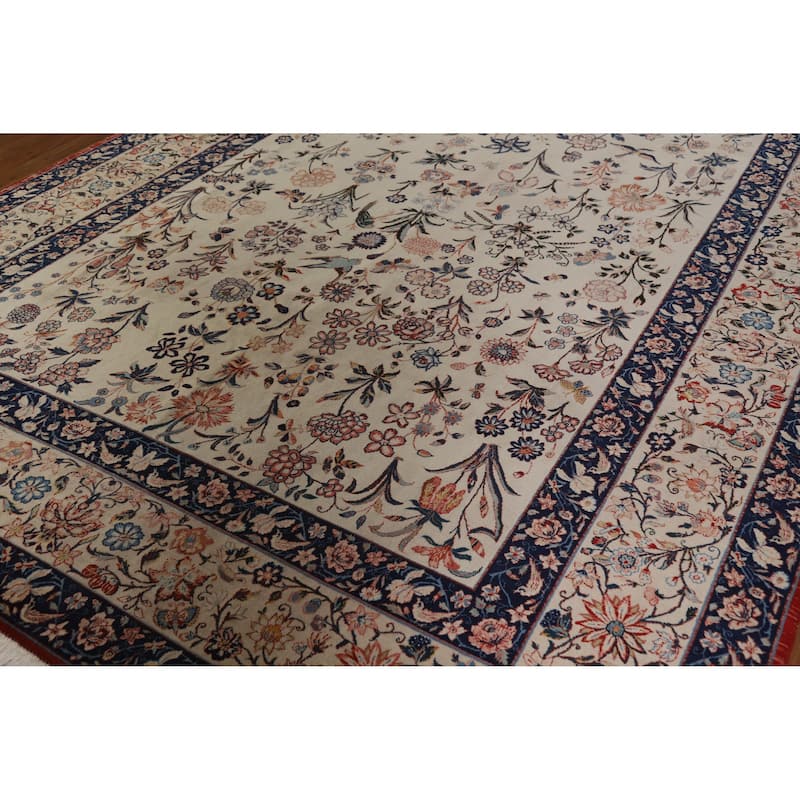 Hand Knotted Oriental 100% Wool Carpet Traditional All-Over Beige & Ivories Isfahan Area Rug - 12' 0'' X 8' 3''