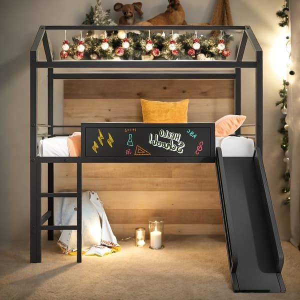 slide 2 of 43, Twin Size Metal House Bed With Slide, Multi-Functional Children's Loft Bed Black