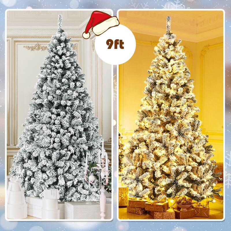 Gymax 6/7.5/9 FT Pre-Lit Christmas Tree Snow Flocked Hinged Pine Tree
