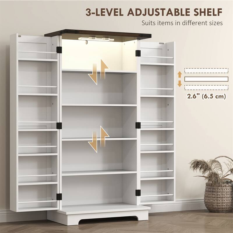 5-Tier White Kitchen Pantry Storage Cabinet with LED Sensor Light and Barn Door Design - 23.6" W x 15.7" D x 47.2" H