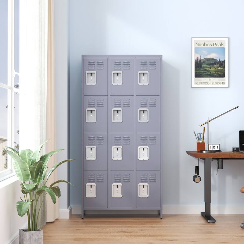 72"H Metal Lockers With 12 Door,Storage Cabinet With Lock for Employees,School,Gym - Grey