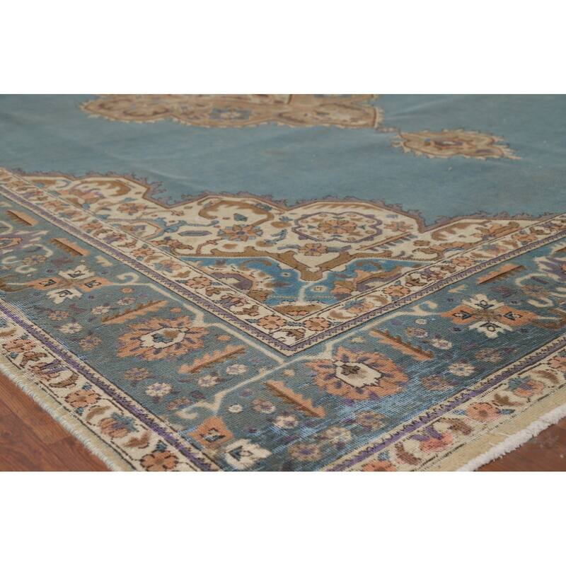 Blue Tabriz Vintage Persian Area Rug Hand-Knotted Wool Carpet - 9'4" x 12'7"