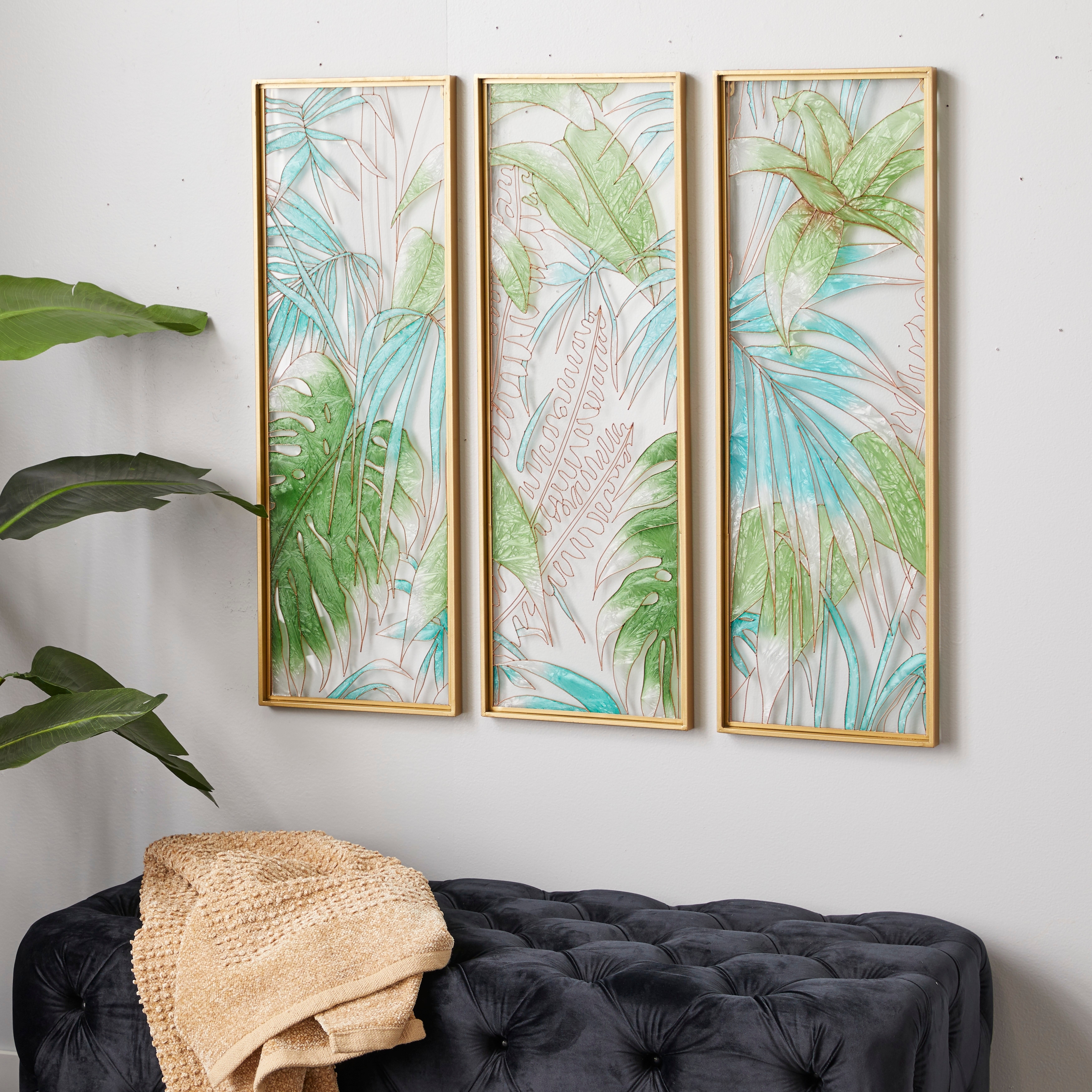 CosmoLiving by Cosmopolitan Green Glass Tropical Leaf Wall Decor with Gold  Frame (Set of 3) 12 x x 36 On Sale Bed Bath  Beyond 32681483