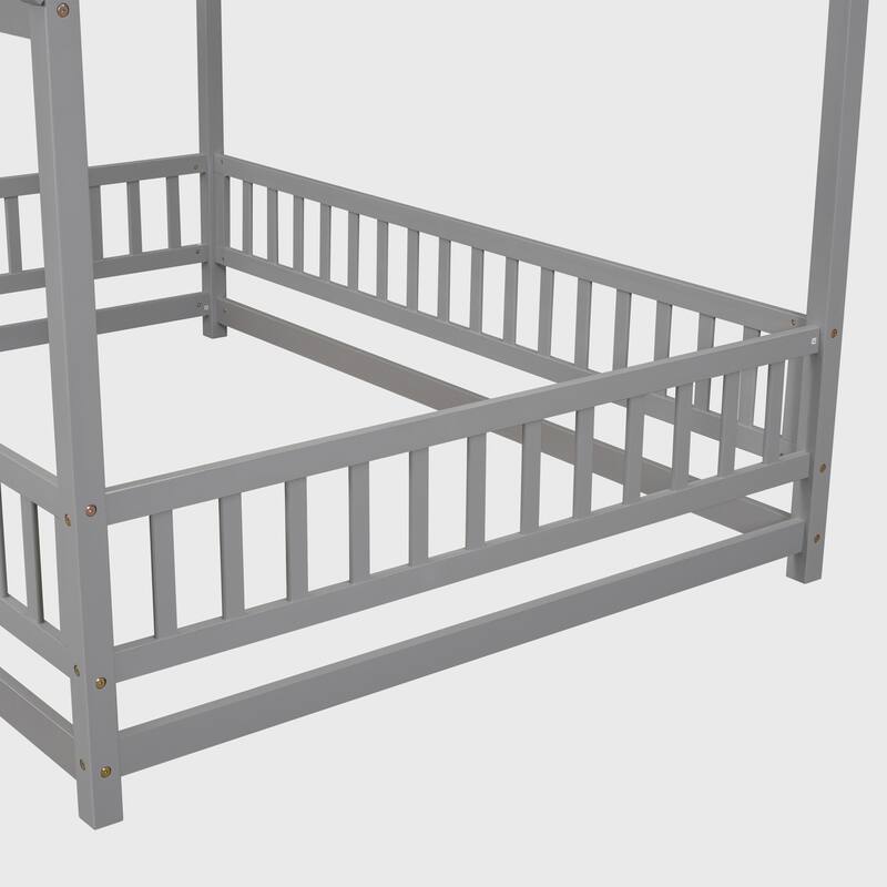 Full Size Floor Wooden Bed with House Roof Frame