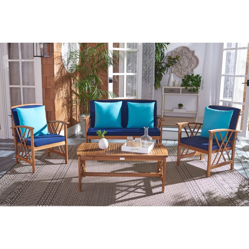 SAFAVIEH Outdoor Living Fontana Acacia/Navy Cushion 4-piece Patio Set - Natural/Navy