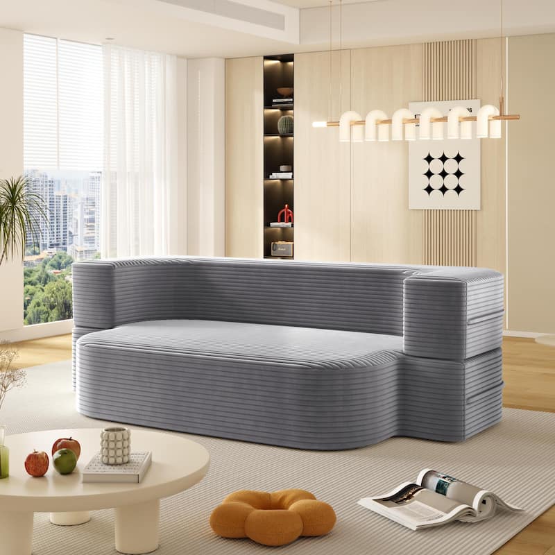 78.7" Modern Convertible Corduroy Sofa Bed with 2 Pillows, Floor Deep Seat Sleeper Couch, Foldable 2-in-1 Sofa for Living Room