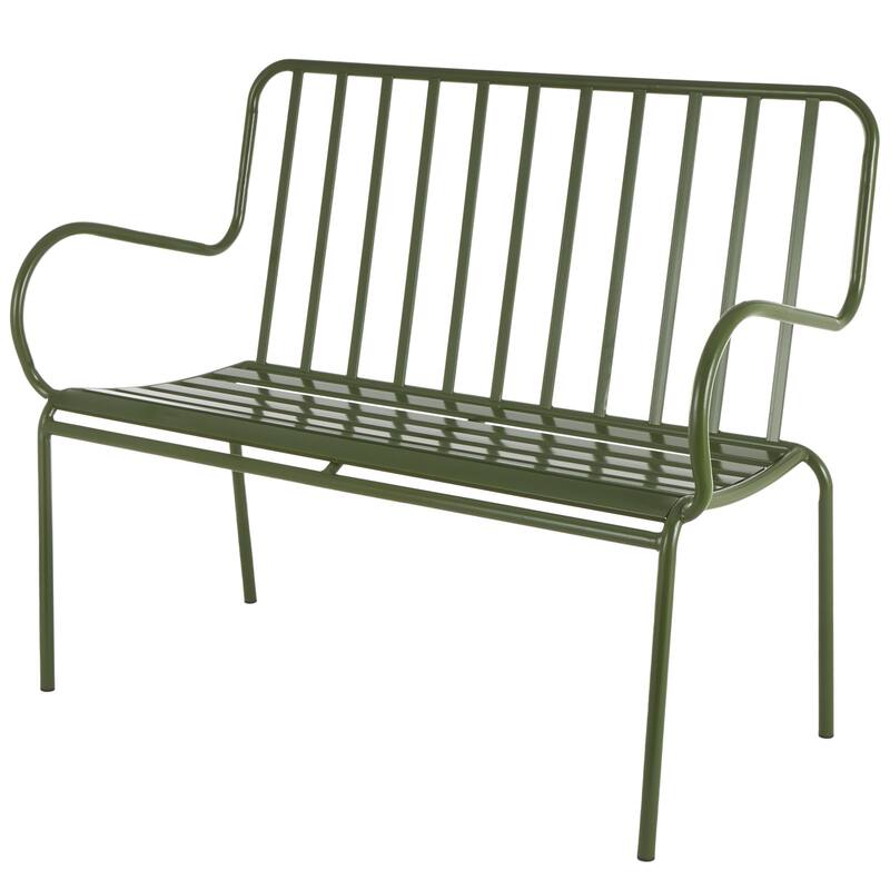 Green Metal Slatted Patio Outdoor Bench with Curved Armrests
