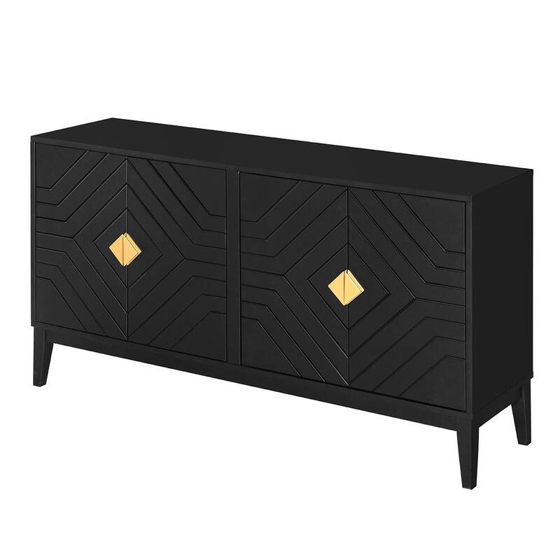 4 Door Buffet Cabinet with Groove Striped Lines, Sideboard Cabinet with Gold Handles, Storage Cabinet with Adjustable Shelves
