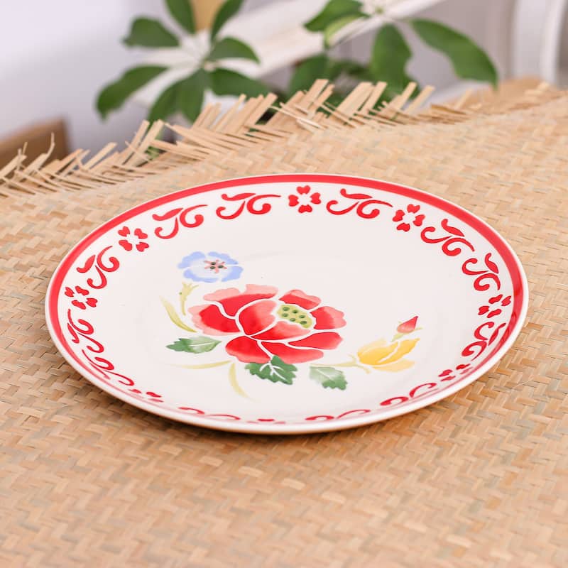 Novica Handmade Poppy Garden In Red Ceramic Dinner Plate